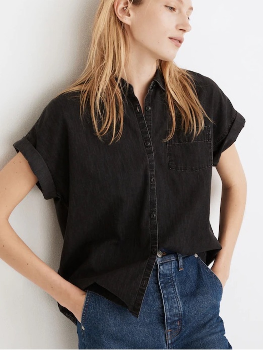Madewell Sz S Denim Rolled-Sleeve Oversized Shirt Black